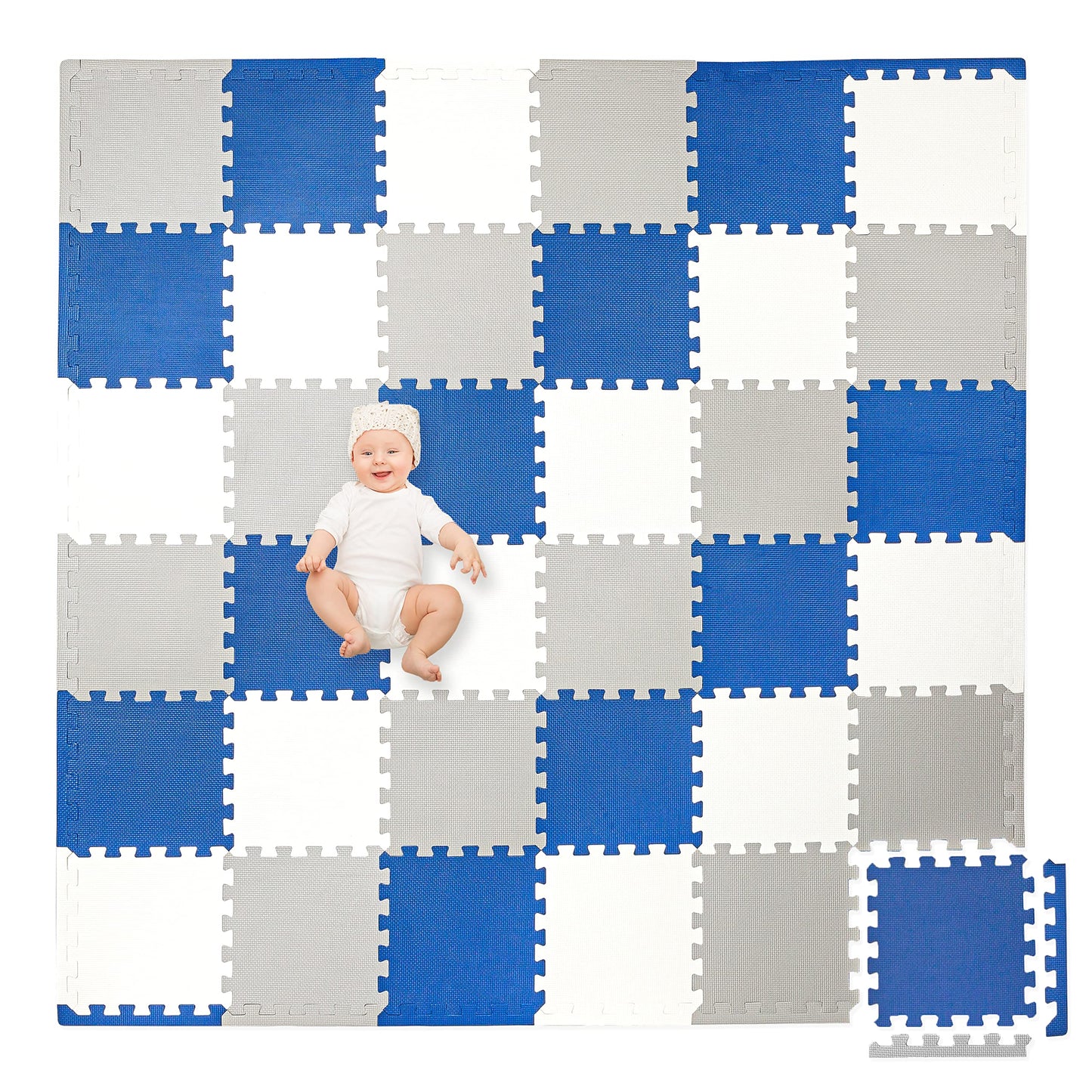 Play Platoon Non-Toxic Foam Puzzle Floor Mat, Comfortable, Extra Thick, Cushiony Exercise And Play Mat For Toddlers, Kids & Adults, 36 Tiles (12'X12'), Grey/Cream/Navy