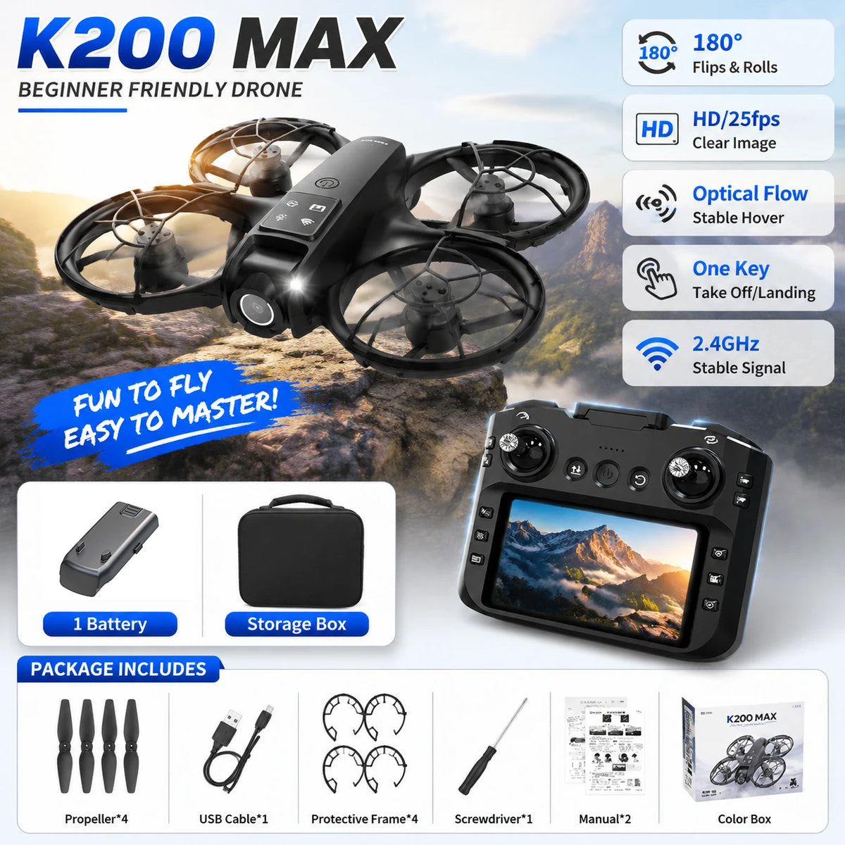 ZNLYRION Mini Drone K200MAX Full Protected With LCD Screen Remote 180 Electric Adjustable Camera Brushless Motor Optical Flow Hover RGB Colorful Light RC Quadcopter