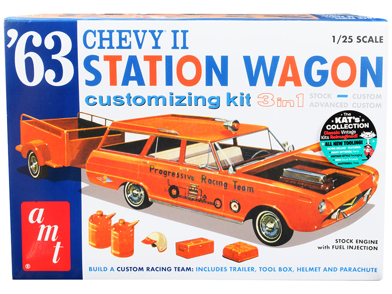 Skill 2 Model Kit 1963 Chevrolet Ii Station Wagon With Trailer 3-In-1 Kit 1/25 Scale Model By Amt