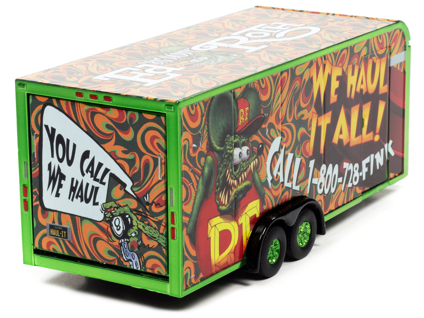 4-Wheel Enclosed Car Trailer Green With Graphics ''Rat Fink: We Haul It All!'' 1/64 Diecast Model By Auto World