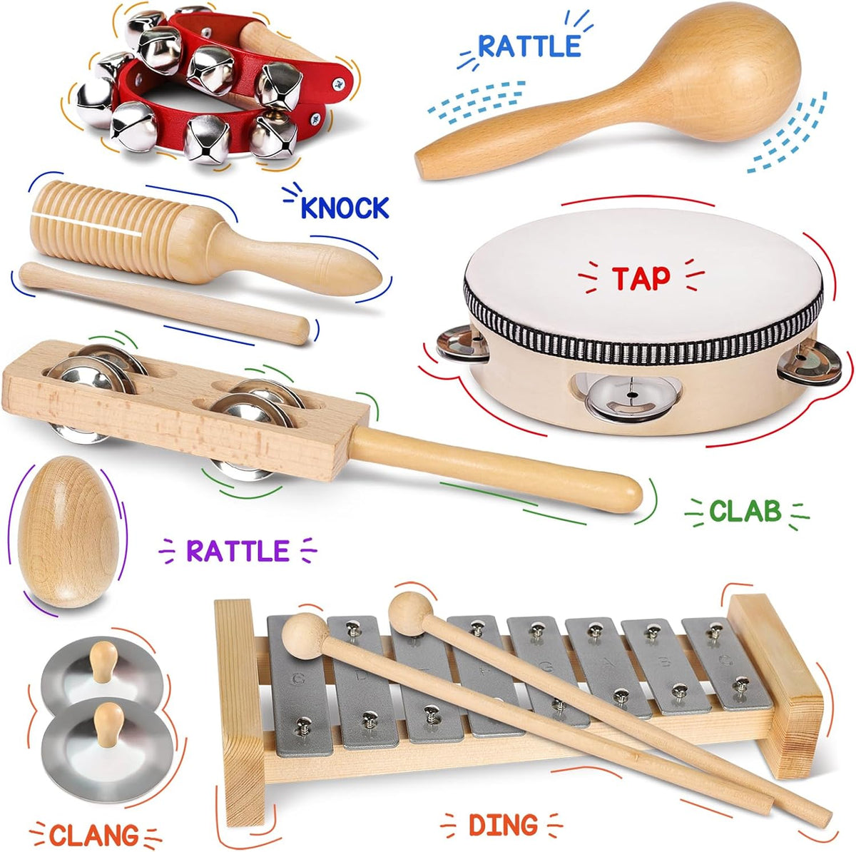 Little Music Makers Wooden Instrument Set for Toddlers Ages 3+ Montessori Musical Toys with Storage Bag