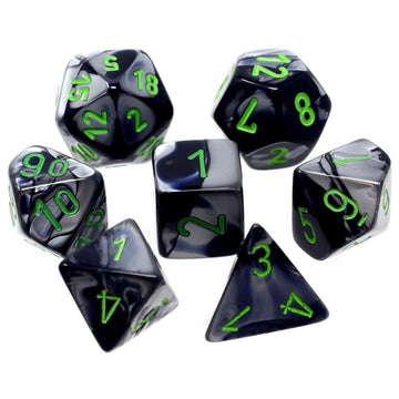 Black And Grey Gemini Mini Dice With Green Colored Numbers 10Mm (3/8In) Set Of 7 Chessex