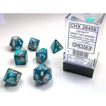 Steel And Teal Gemini Mini Dice With White Colored Numbers 10Mm (3/8In) Set Of 7 Chessex