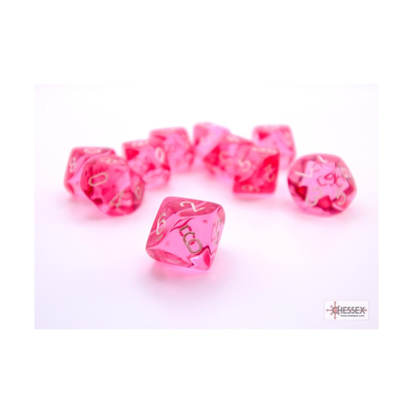 Pink Translucent Dice With White Numbers D10 Aprox 16Mm (5/8In) Set Of 10 Chessex