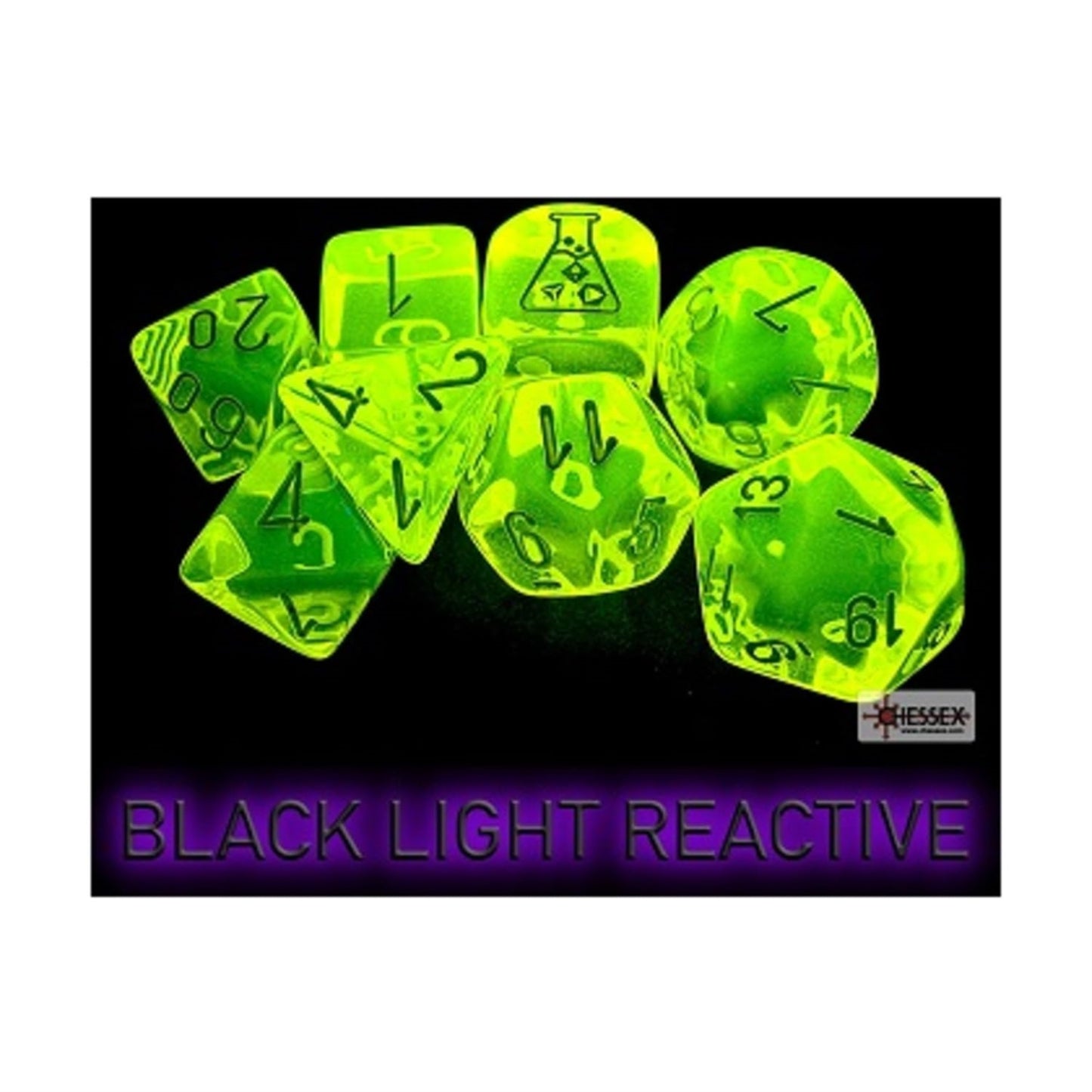 Neon Yellow Translucent Dice With White Numbers 7+1 Dice Set 16Mm (5/8In) Chessex