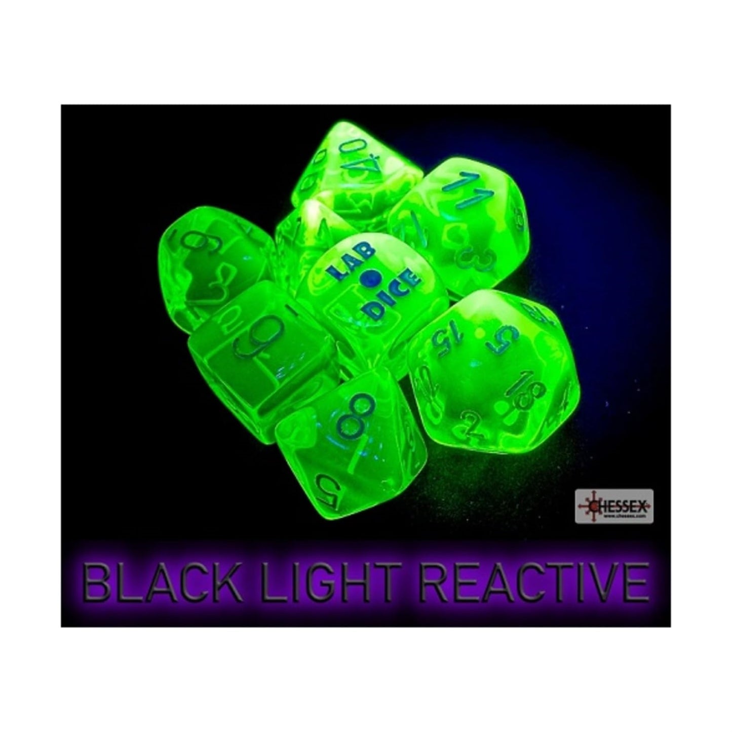 Rad Green Translucent Dice With White Numbers 7+1 Dice Set 16Mm (5/8In) Chessex