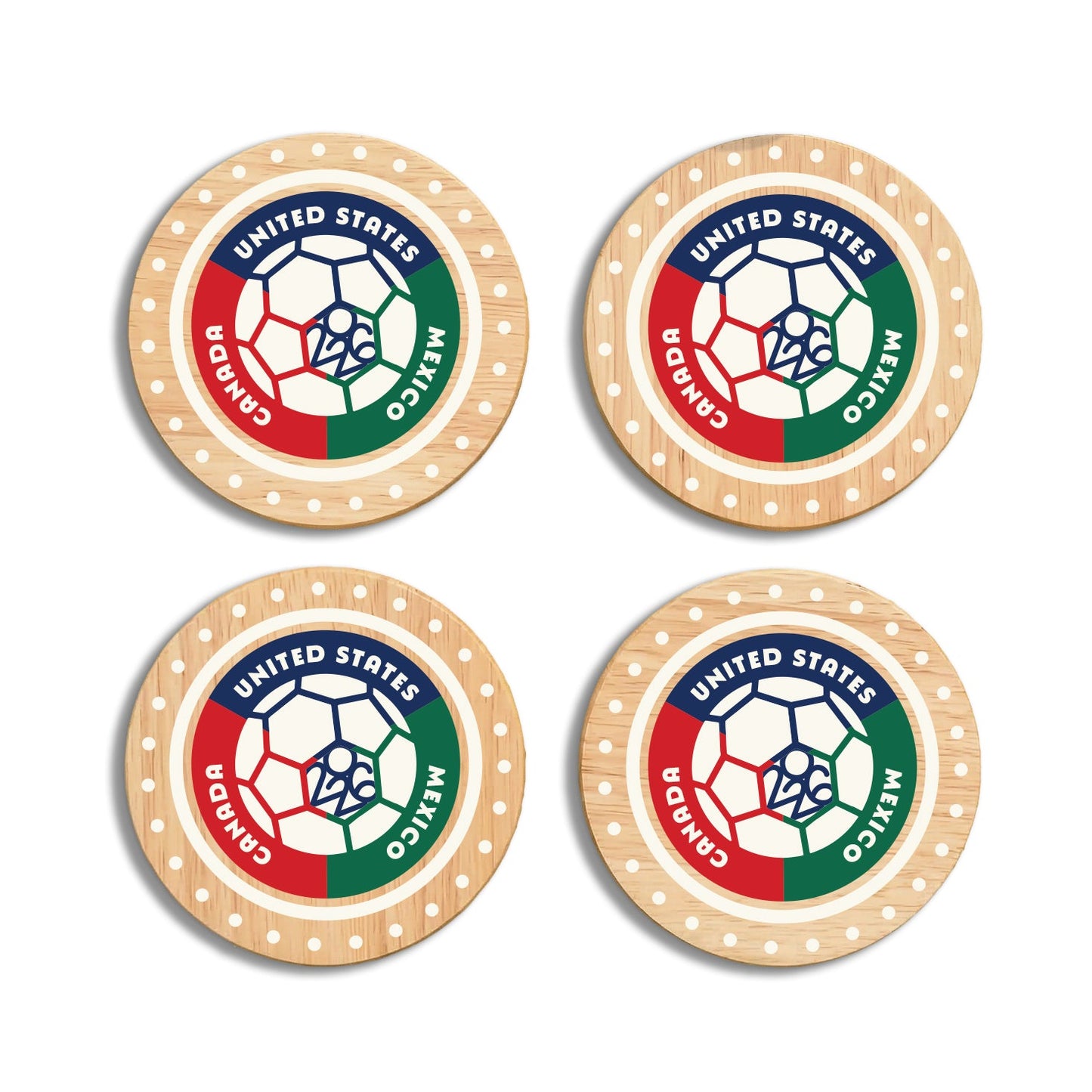 Maple Wood Soccer Coasters โ Match Day Celebration Drinkware (4 Pack)