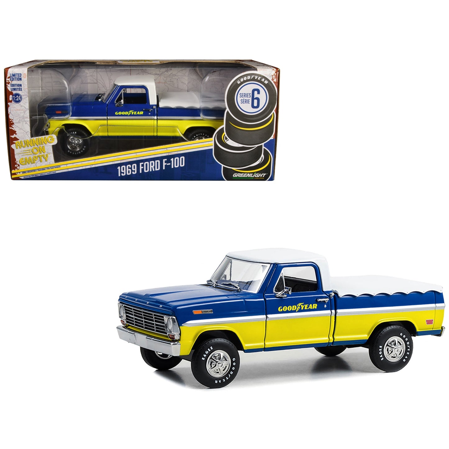 1969 Ford F-100 Pickup Truck Blue And Yellow With White Top And Bed Cover ''Goodyear Tires'' ''Running On Empty'' Series 6 1/24