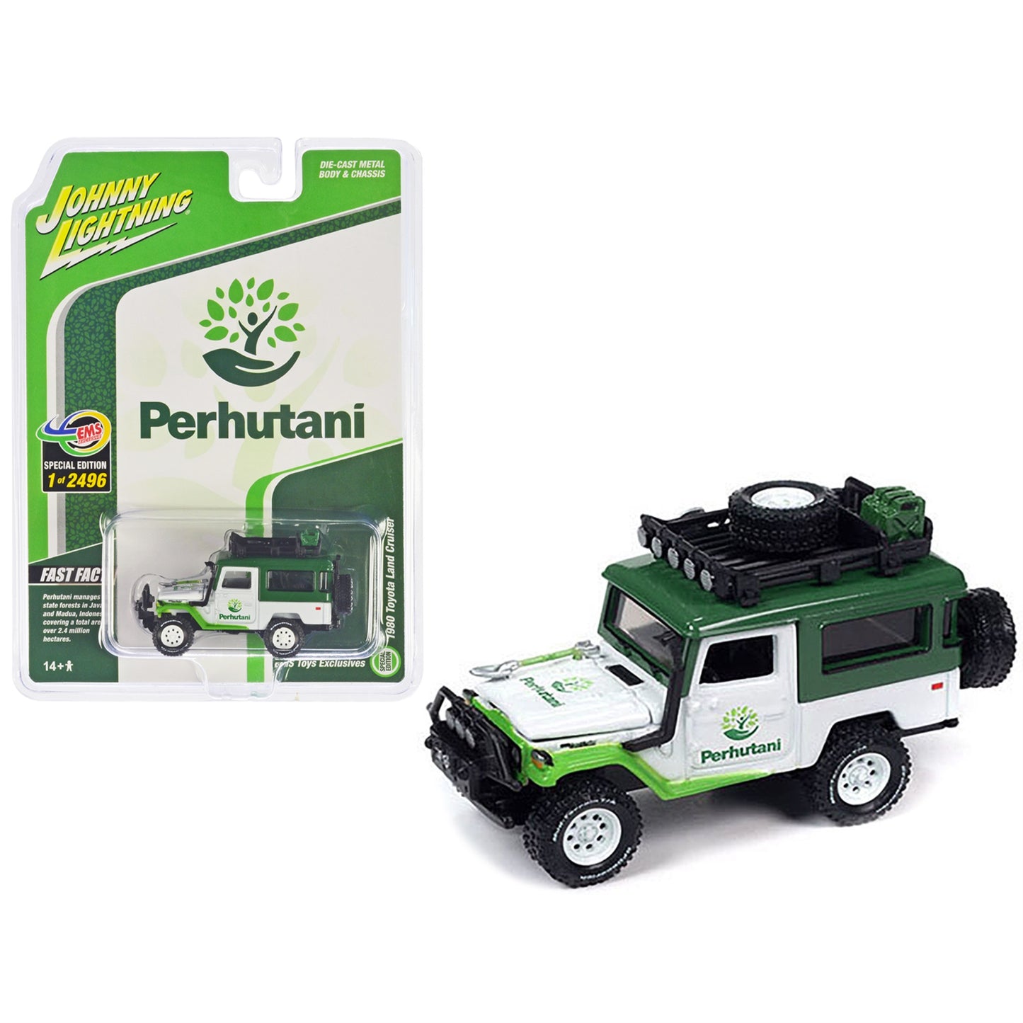 1980 Toyota Land Cruiser White And Green ''Perhutani'' With Roof Rack Limited Edition To 2496 Pieces Worldwide 1/64 Diecast Mode