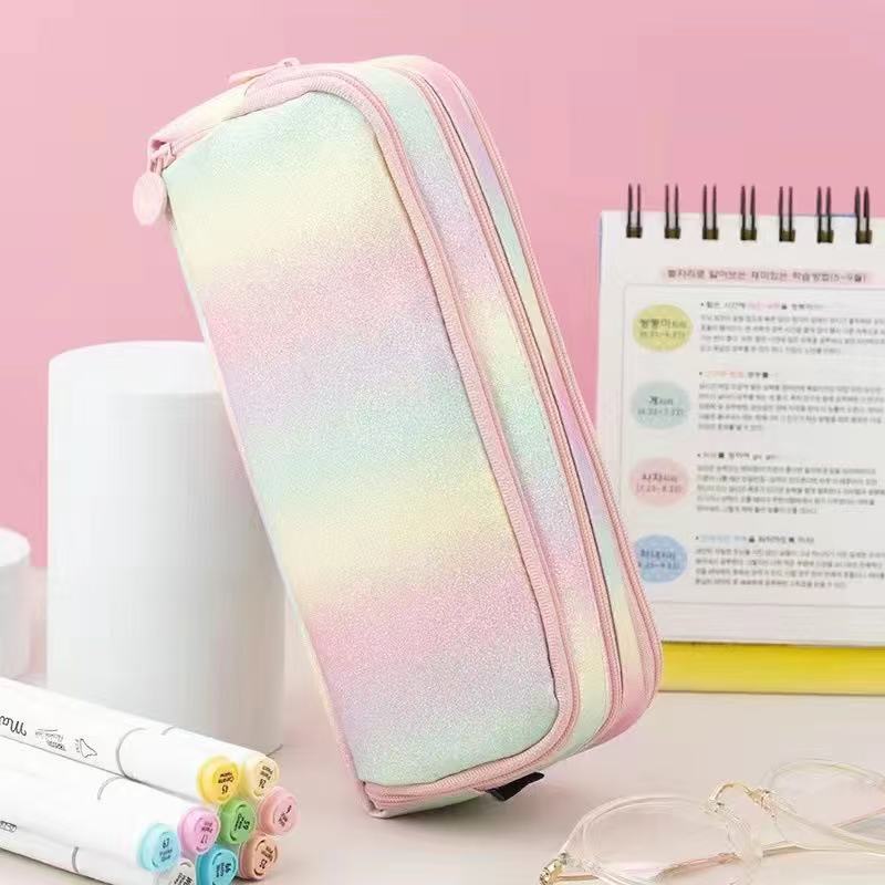 Cross-Border Color-Blocked Retractable Pencil Case, Large-Capacity Stationery Bag, Multifunctional Double-Zipper for Students, Simple and Convertible into Canvas