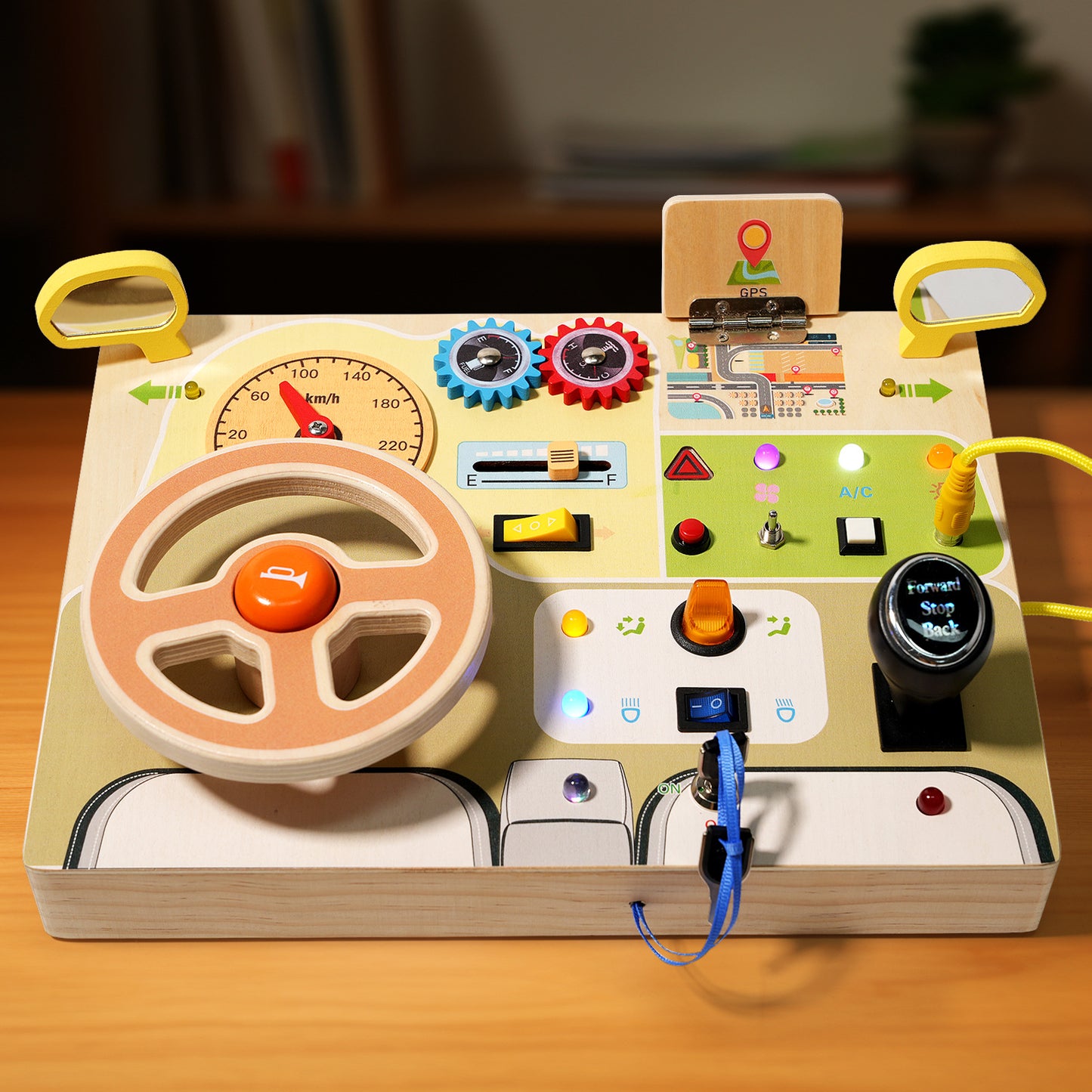 CECPC Montessori Children's Simulated Steering Wheel Busy Board Switch Led Light Busy Board Early Education Educational Wooden Toys