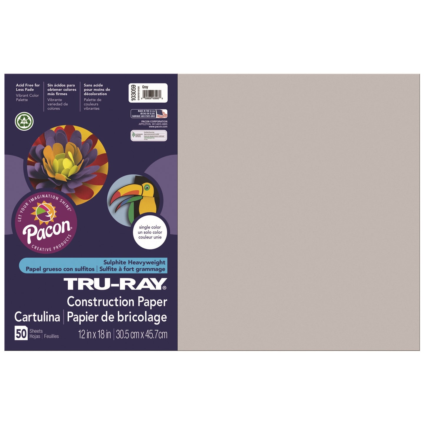 Tru-Ray Construction Paper, 76 Lbs., 12 X 18, Gray, 50 Sheets/Pack
