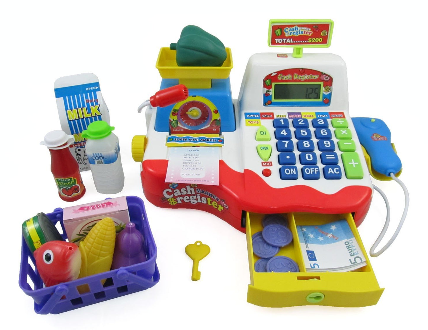 Supermarket Cash Register With Checkout Scanner, Weight Scale, Microphone, Calculator, Play Money And Food Shopping Playset For