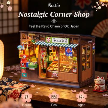 Rolife DIY Book Nook Kit 3D Puzzle Nostalgic Corner Shop Bookends with Sliding Door & LED Light for Bookshelf Decor Wooden DIY Dollhouse Toys for Holiday Gift