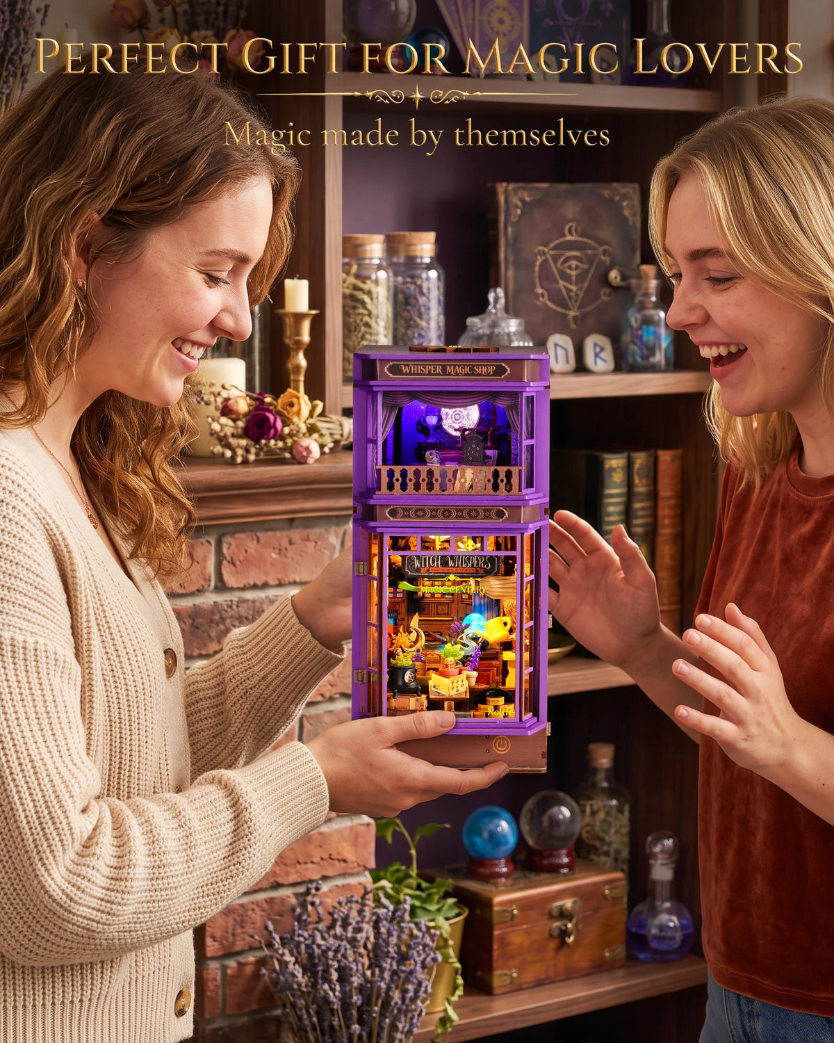 Rolife DIY Book Nook Kit 3D Puzzle Whisper Magic Shop Wooden Bookends with LED Light for Bookshelf Decor Brain Teasers Jigsaw Toys Holiday Gift for Adults