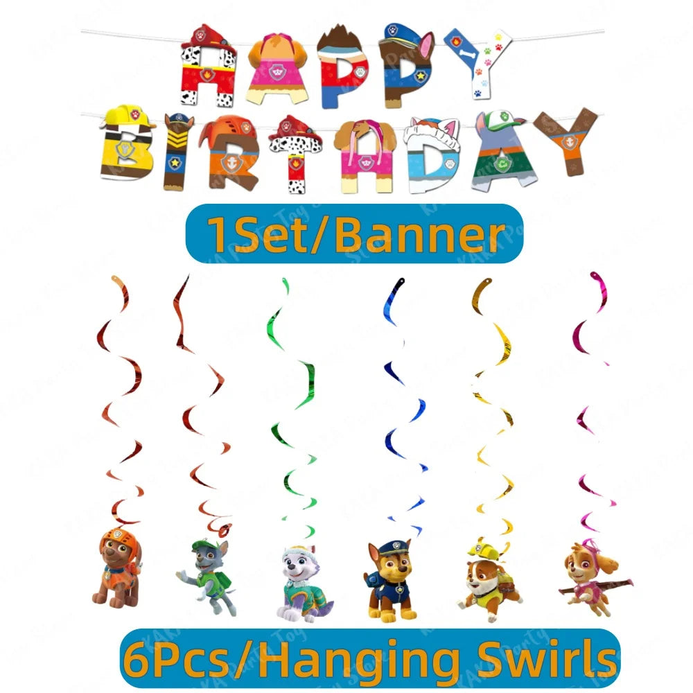 Paw Patrol Birthday Decoration Cartoon Puppy Paper Banner and 6 Hanging Swirls for Kids Boys Baby Shower Party Supplies Set