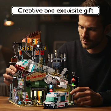 2076PCS Wrecked Plane Pharmacy Building Blocks Set MOC City Street View Bricks Model Desktop Ornament DIY Assembly Toys For Birthday Christmas Gifts