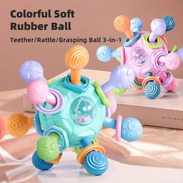 Manhattan Grasping Ball, Toddler Montessori Toys,Teether, 3-in-1 Rattle,Rubber and Teether for Early Education