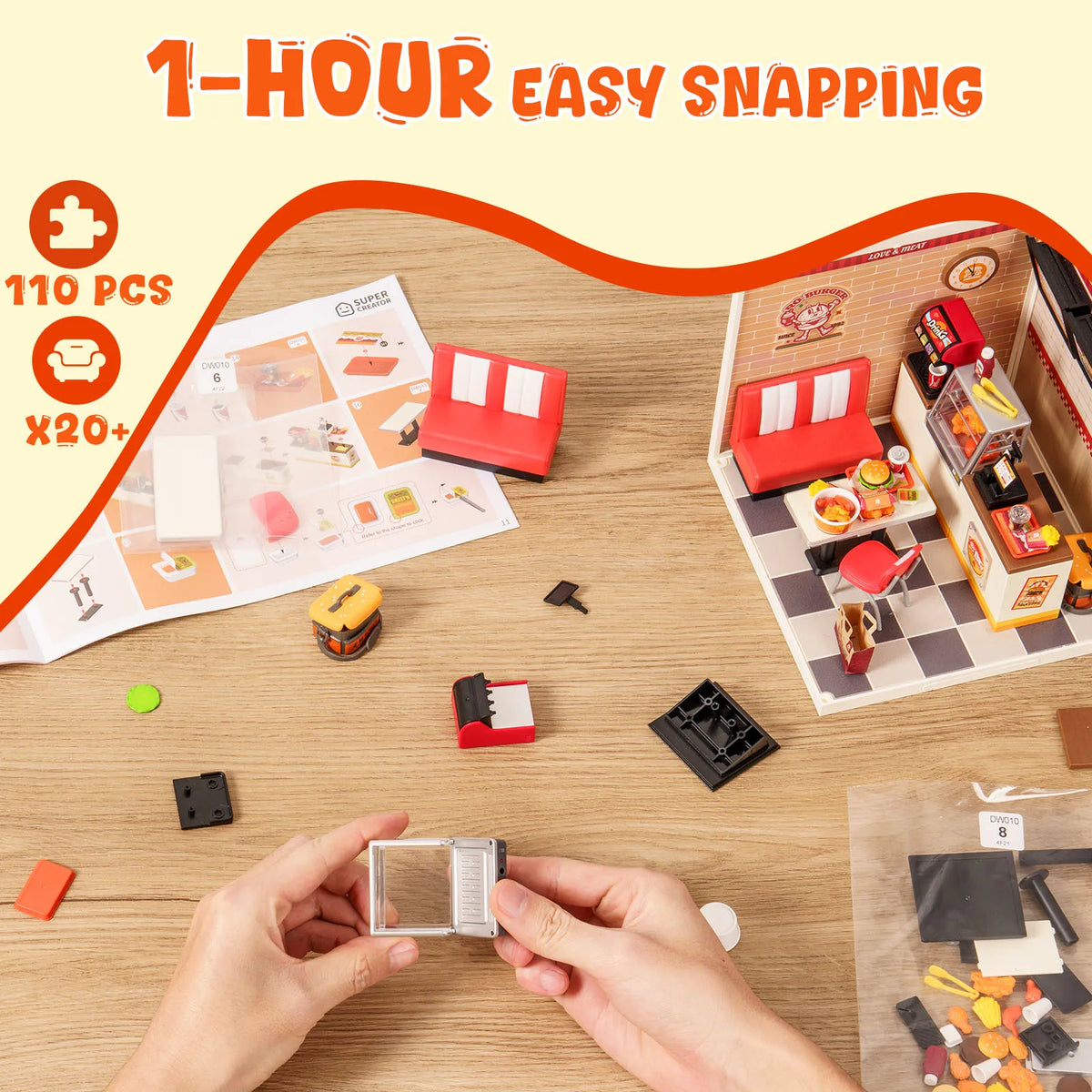 Rolife DIY Miniature House Kit Yum Yum Burgers Super Creator Dollhouse 3D Puzzle Model Building Kit with LEDLight for Desk Decor