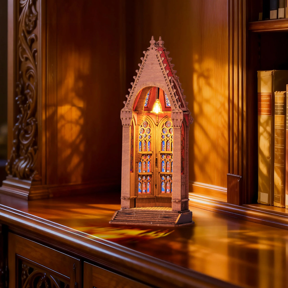 Rolife Wooden 3D Puzzle Twin-Tower Cathedral Model Building Kit DIY Miniature House Kit with LED Light for Bookshelf Decor