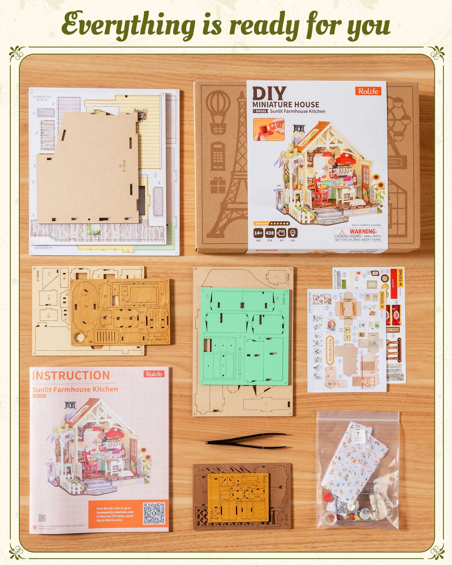 Rolife DIY Miniature House Kit 438-piece Sunlit Farmhouse Kitchen Wooden Dollhouse 3D Puzzle Tiny House Model Building Kit with LED Light Home Decor Gift for Adults Kids