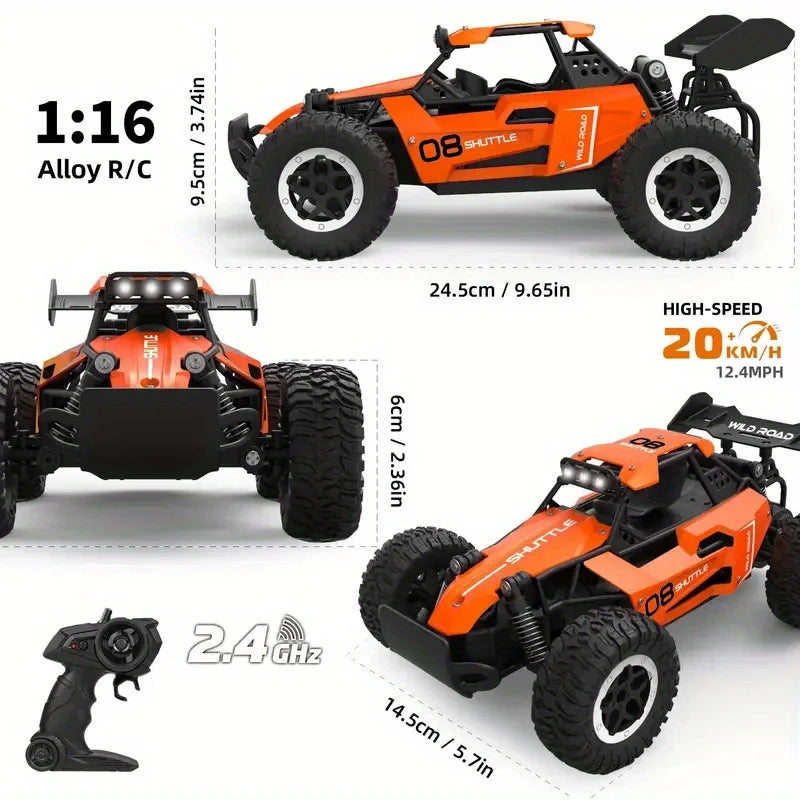 Alloy Remote Control Car, All-Terrain Electric Toy Car, 1:16 Scale Model Car, 2.4GHz R/C Off-Road Vehicle, Top Speed 20 Km/h, with Headlights and Shock Absorbers, Suitable as a Birthday Gift for Boys over 3 Years Old