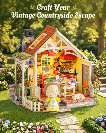 Rolife DIY Miniature House Kit 438-piece Sunlit Farmhouse Kitchen Wooden Dollhouse 3D Puzzle Tiny House Model Building Kit with LED Light Home Decor Gift for Adults Kids