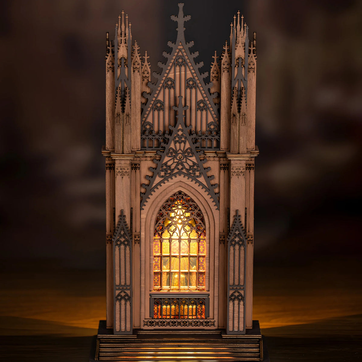 Rolife Wooden 3D Puzzle Twin-Tower Cathedral Model Building Kit DIY Miniature House Kit with LED Light for Bookshelf Decor