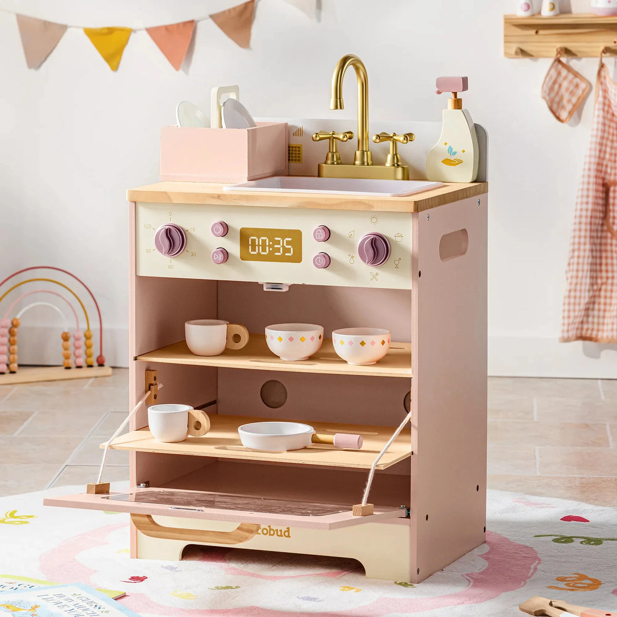 Robud Kids Wooden Pink Play Kitchen All in 1 Corner Set Includes Oven Refrigerator Washer Perfect Birthday Gift for Little Chefs