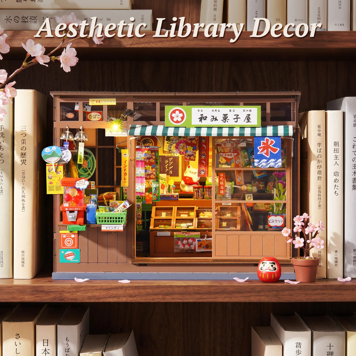 Rolife Nostalgic Corner Shop DIY Book Nook Kit with Sliding Door Wooden Dollhouse 3D Puzzle with LED Light for Bookshelf Decor