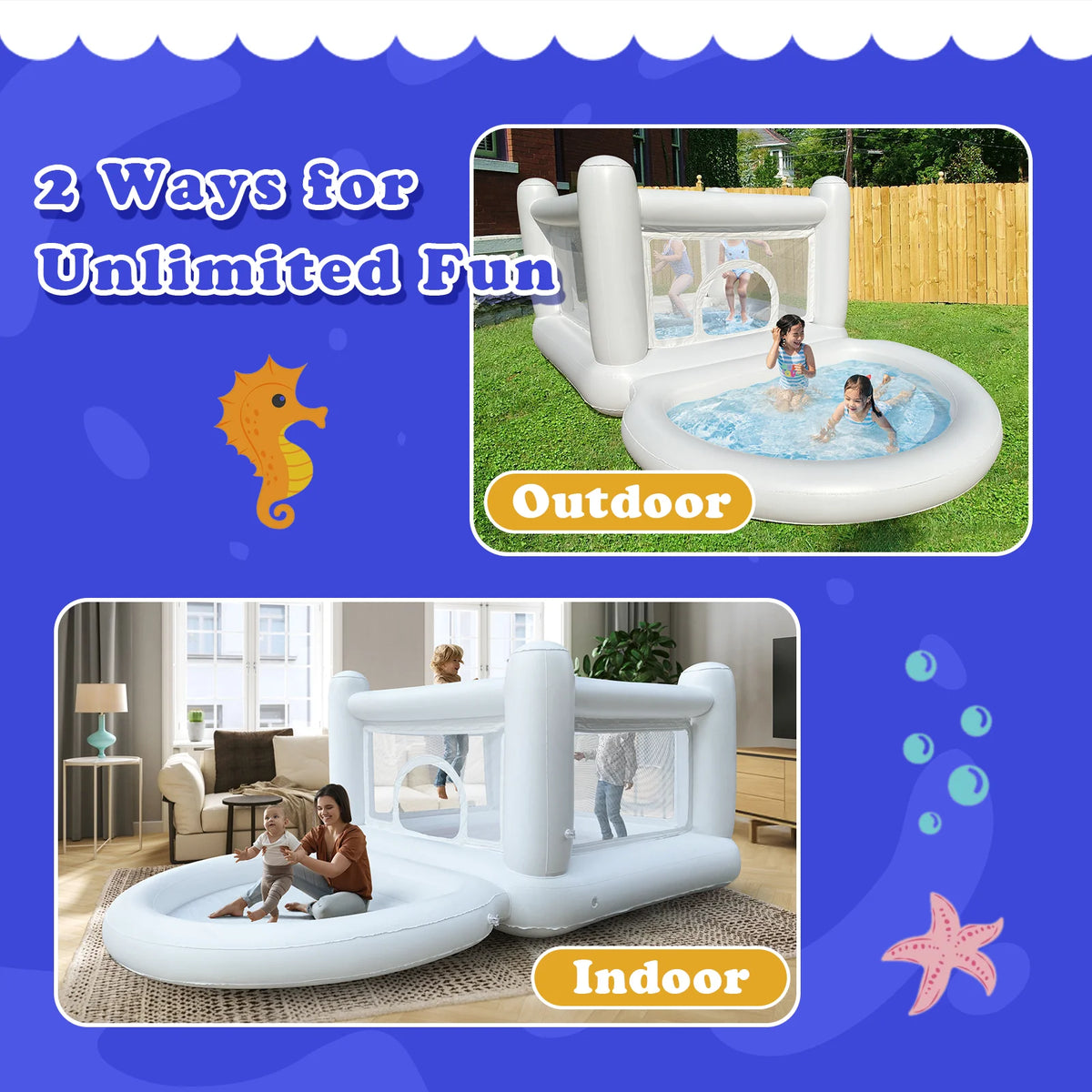 White Bounce House with Pump Kids Ball Pit Bounce House for Kids 3-6 Birthday Indoor or Outdoor Playhouse Customization/Halloween Decorations