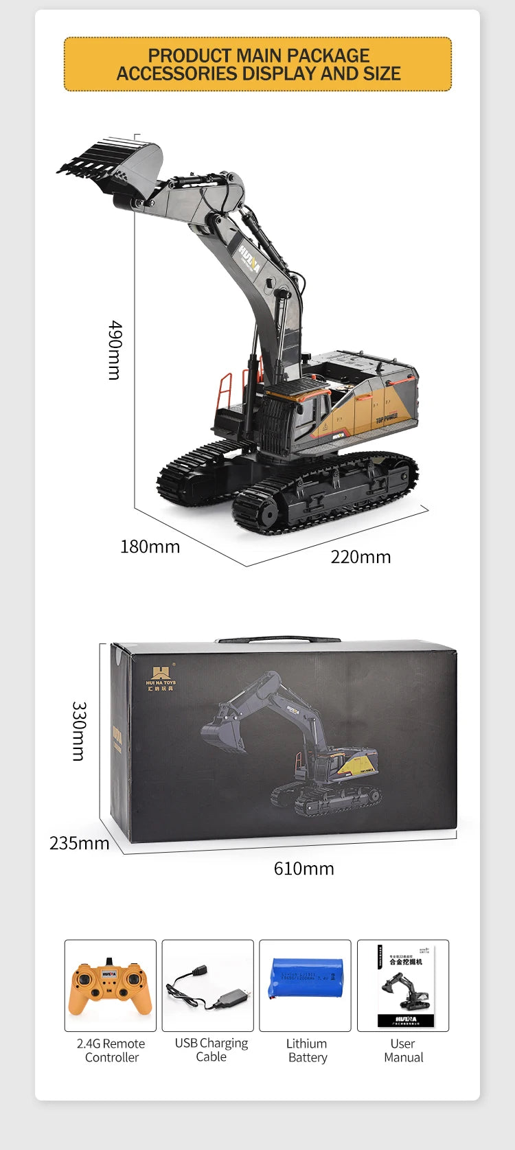 HUINA 1592 1:14 Scale RC Excavator 22 Channels 2.4G Semi-Alloy Remote Control Engineering Crawler Tractor Children's Gift