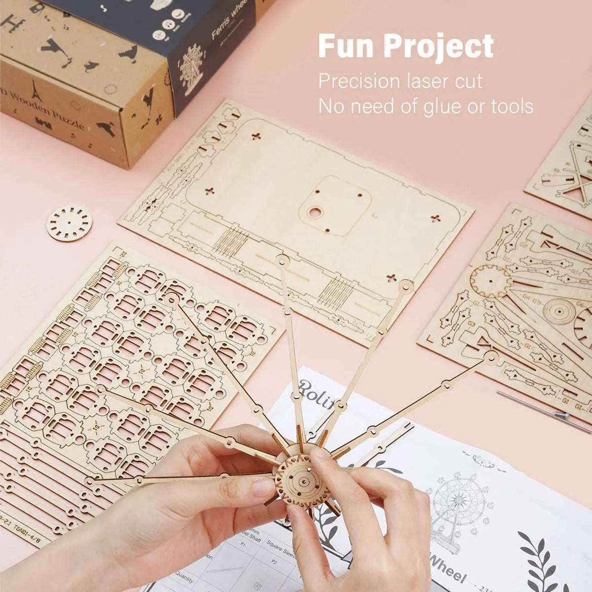 Robotime Rolife 232pcs Rotatable DIY 3D Ferris Wheel Wooden Model Building Block Kits Assembly Toy Gift for Children Adult TGN01