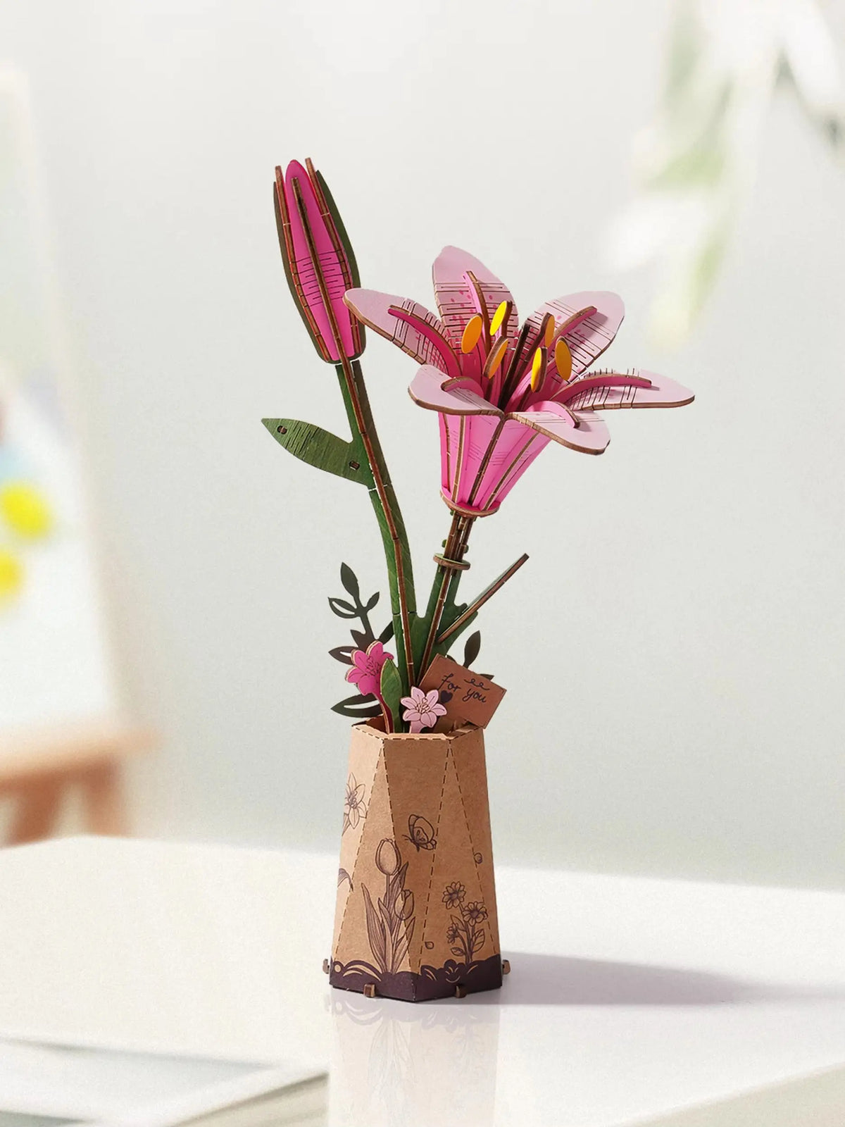Rolife Artificial Flower Wooden 3D Puzzle Pink Lily DIY Flower Bouquet Model Building Kit for Home Decor Mother's Day Valentine's Day Gift for Mother Lover