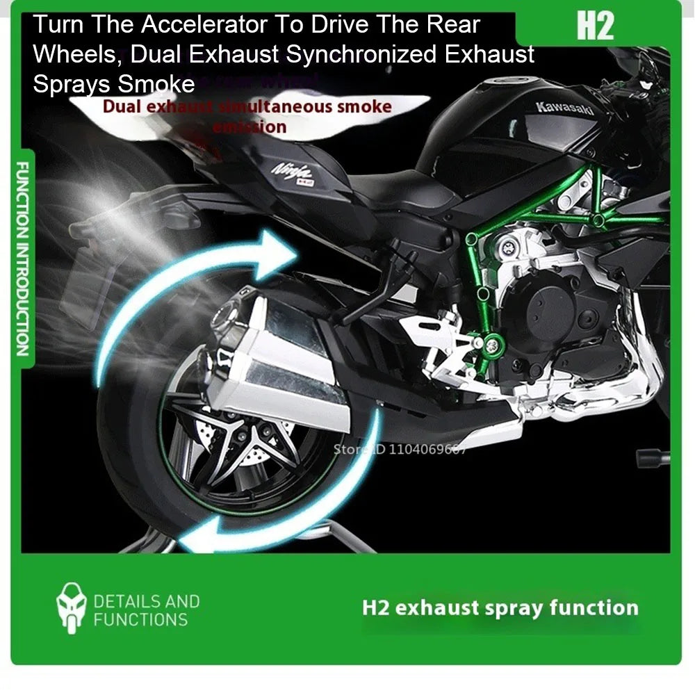 1:9 Scale H2R Motorcycle Model Toy Car Alloy Body Ignitable Start Spray Motor Models Shock Absorption Vehicles for Boys Toys