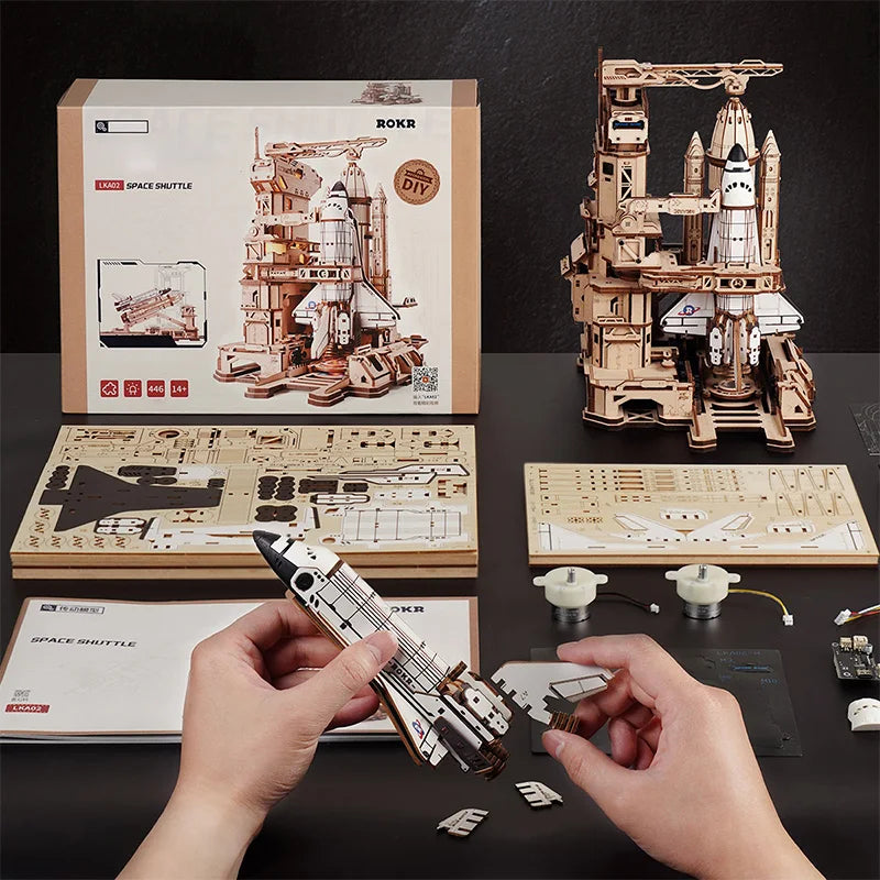 ROKR 3D Wooden Puzzle Space Shuttle Model Building Kit with Launch Simulator DIY Puzzle Toys for Home Decor Gift for Space Enthusiasts
