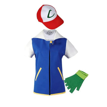New Blue Jacket Men Cosplay Costume Boys Ash Ketchum For Halloween Party Trainer Gloves And Cap Set Anime Christmas Gift