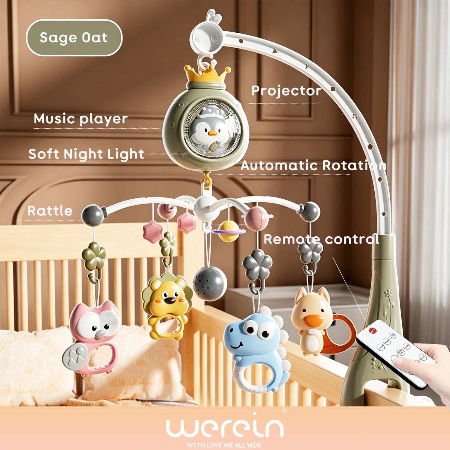 Werein Baby Crib Mobile with Remote Control Projection Musical Bed Bell Soft Night Light Lullaby Rotating Hanging Toy