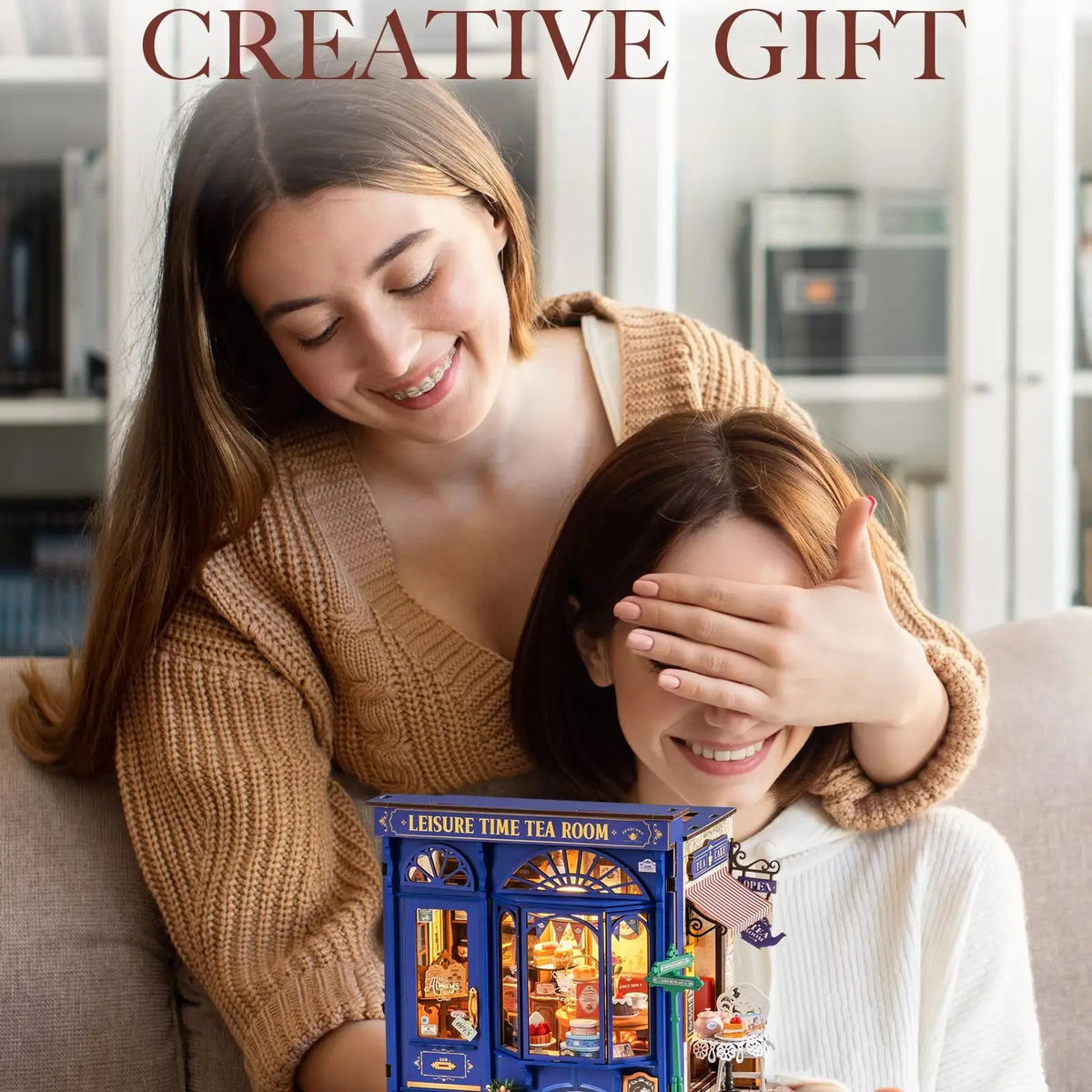 Rolife DIY Miniature House Kit Leisure Time Tea Room Mini Dollhouse Building Set with LED Wooden 3D Puzzle for Home Desk Decor