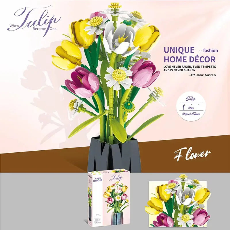 1250PCS Tulip Bouquet Building Blocks Flower Eternal Flower Vase Model Bricks Home Decoration DIY Puzzle Toys Romantic Gifts