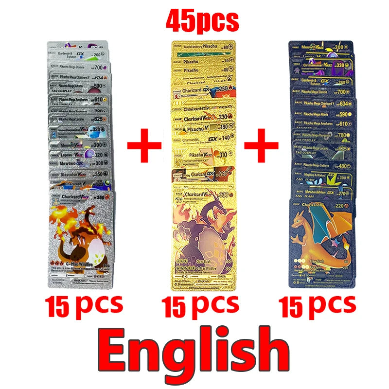 81-15Pcs Pokemon Cards Gold Silver Vmax GX Card Collection Battle Trainer Card Spanish English French Child Toys Christmas Gifts