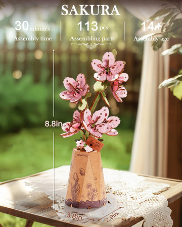 Rolife Wooden 3D Puzzle Sakura Artificial Flower DIY Model Building Kit for Bookshelf Decor Valentine's Day Mother's Day Gift