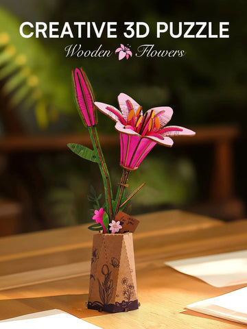 Rolife Artificial Flower Wooden 3D Puzzle Pink Lily DIY Flower Bouquet Model Building Kit for Home Decor Mother's Day Valentine's Day Gift for Mother Lover