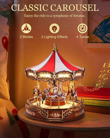 Rolife DIY Music Box Mechanical Model Building Kit Classic Carousel 3D Puzzle Toy Craft Kit with LED Light for Home Decor Gift for Adults Friends