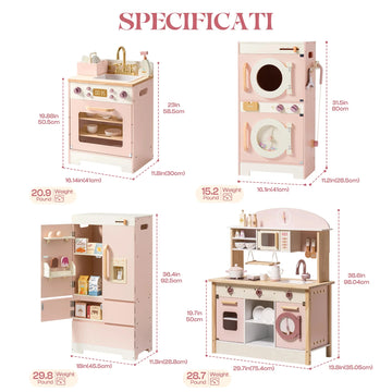 Robud Kids Wooden Pink Play Kitchen All in 1 Corner Set Includes Oven Refrigerator Washer Perfect Birthday Gift for Little Chefs