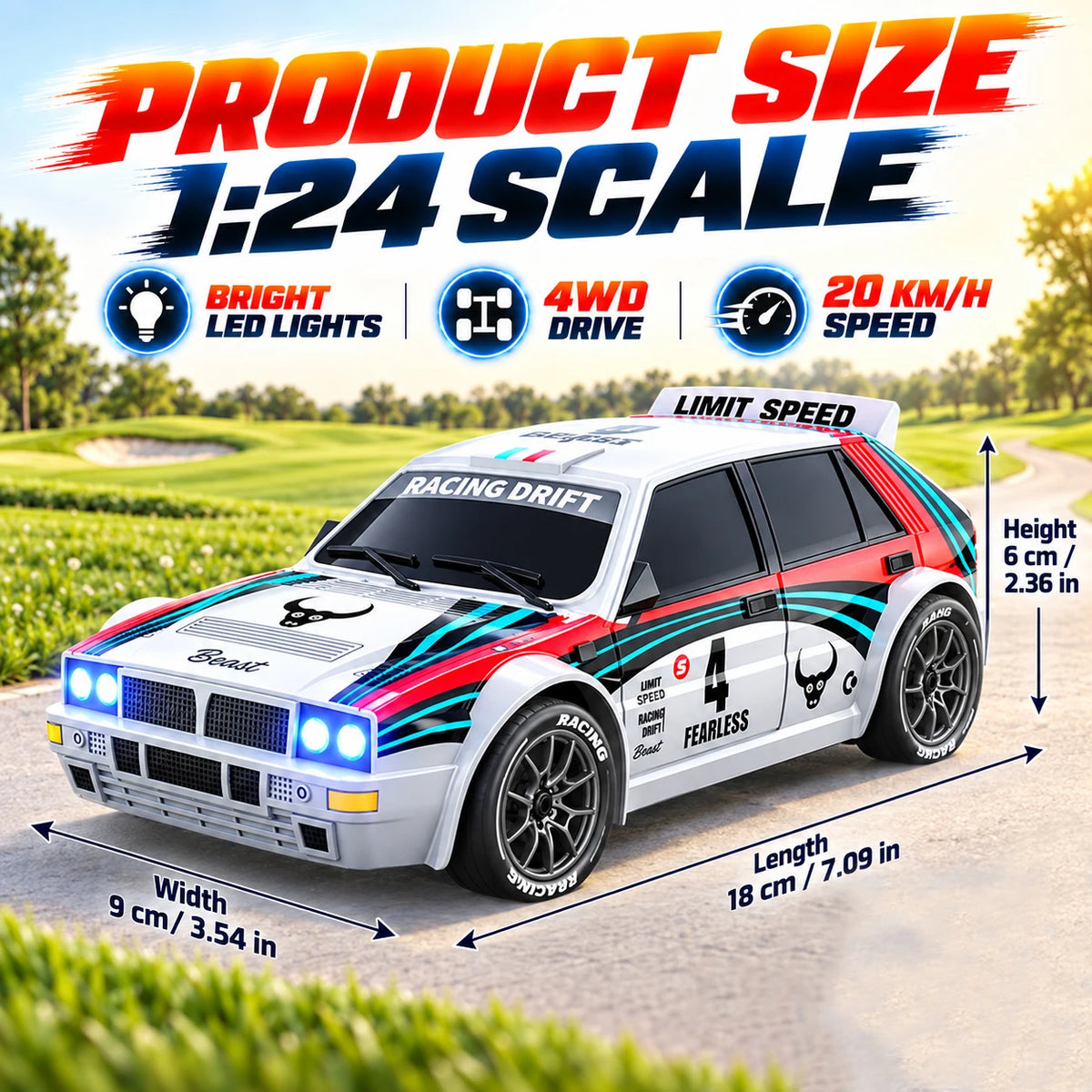 ZNLYRION RC Car Drifting Race Car 1:24 Scale 4 Wheel Drive 20km/h Adjustable High/Low Speed With Spare Drift Tires LED Headlight Taillight RC Toy For Boys Adult