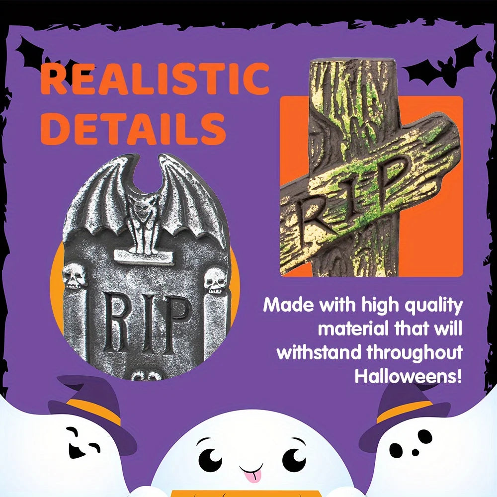 17'' Foam RIP Graveyard Tombstones Halloween Halloween Tombstones Outdoor Decorations for Graves Decorations with 12 Metal Stakes for Cemetery Yard Lawn Party Decor