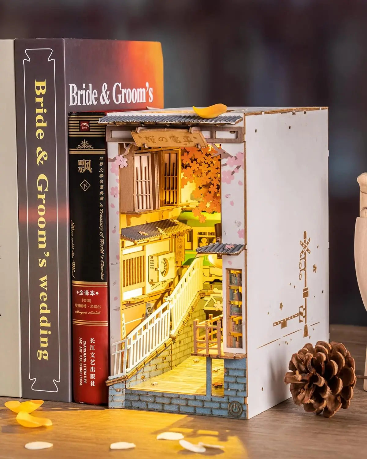 Robotime Rolife DIY Book Nook Japanese Sakura Densya in Books Series Wooden Miniature House with Furniture Doll House Kits Toy