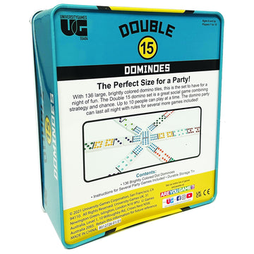 Front Porch Classics, Double 15 Color Dot Dominoes Set On-The-Go Travel Storage Tin, 2 To 12 Players Ages 8 To 99