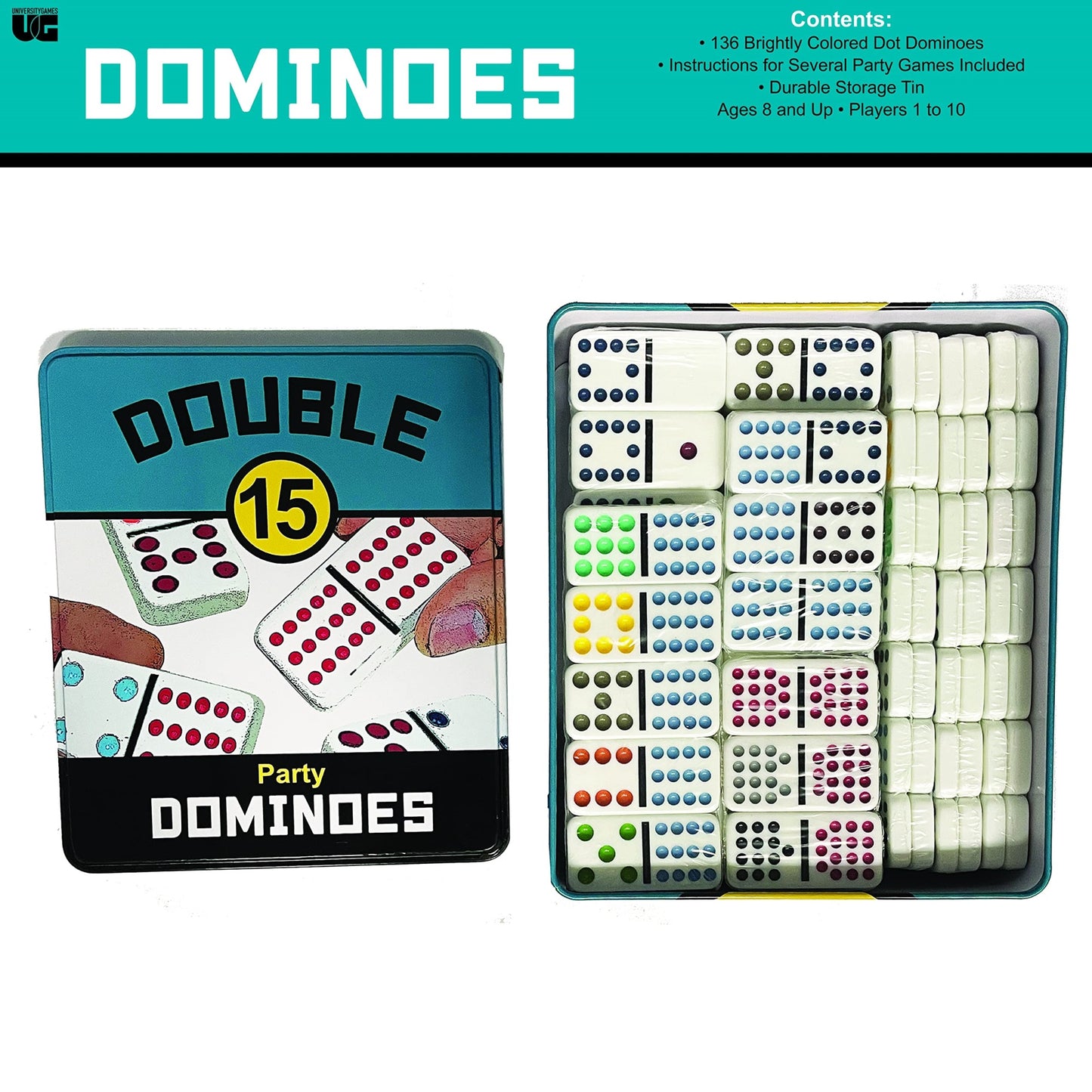 Front Porch Classics, Double 15 Color Dot Dominoes Set On-The-Go Travel Storage Tin, 2 To 12 Players Ages 8 To 99
